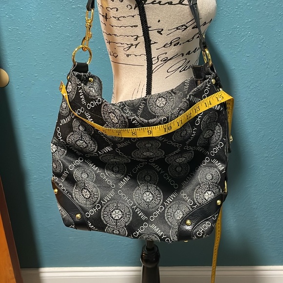 Fake designer black & gray logo w/gold metal accent studs, shoulder purse - Picture 13 of 15